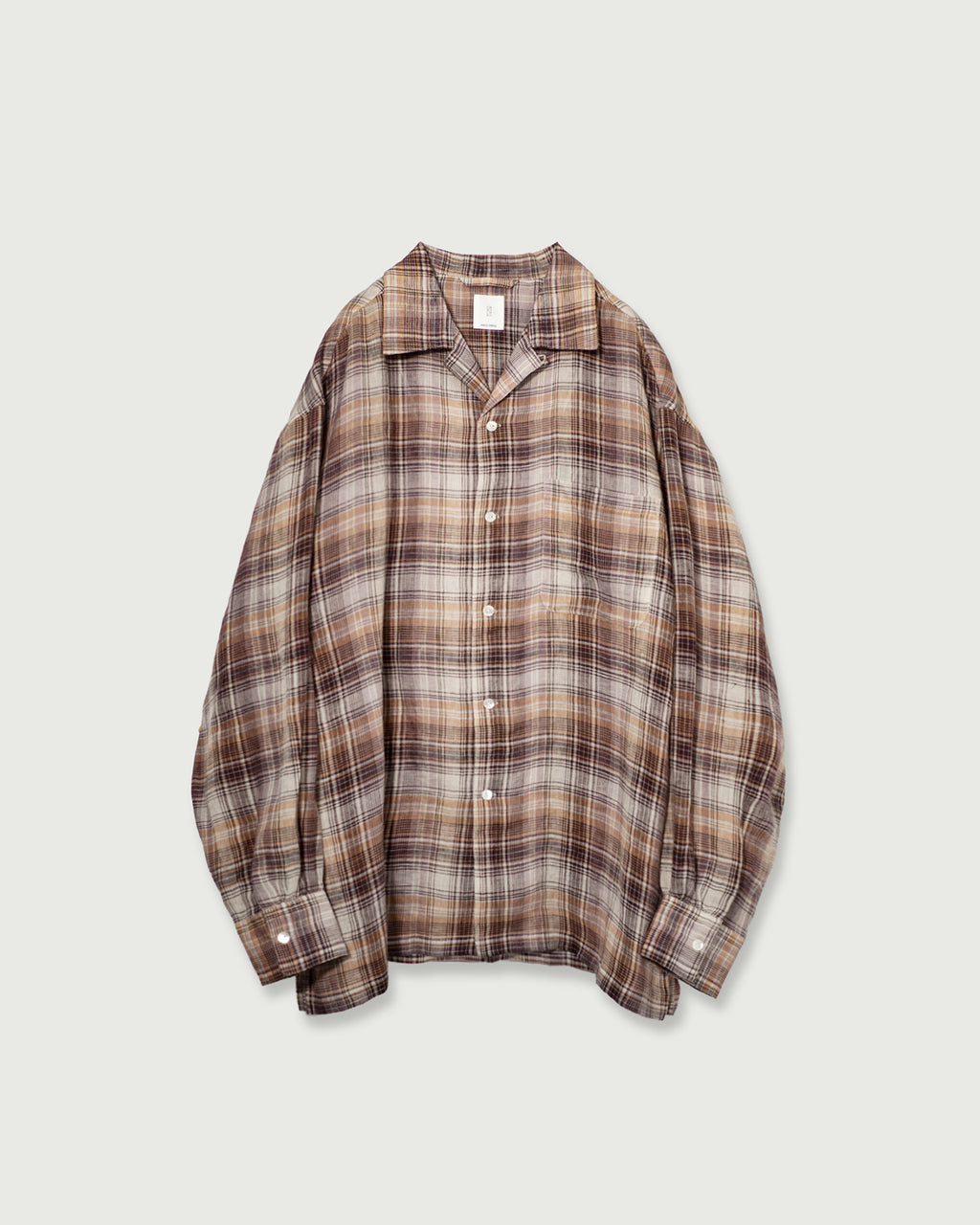 Linen Madras Check Open Collar Long-Sleeve Gathered Shirt<#red check>