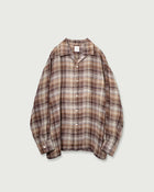 Linen Madras Check Open Collar Long-Sleeve Gathered Shirt<#red check>