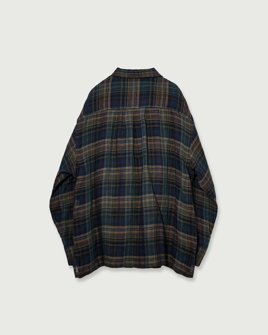 Linen Madras Check Open Collar Long-Sleeve Gathered Shirt<#navy check>