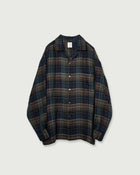 Linen Madras Check Open Collar Long-Sleeve Gathered Shirt<#navy check>