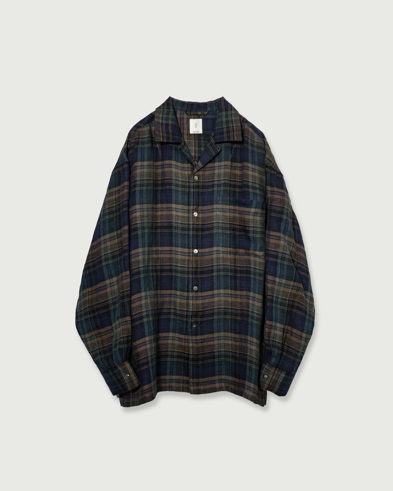 Linen Madras Check Open Collar Long-Sleeve Gathered Shirt<#navy check>