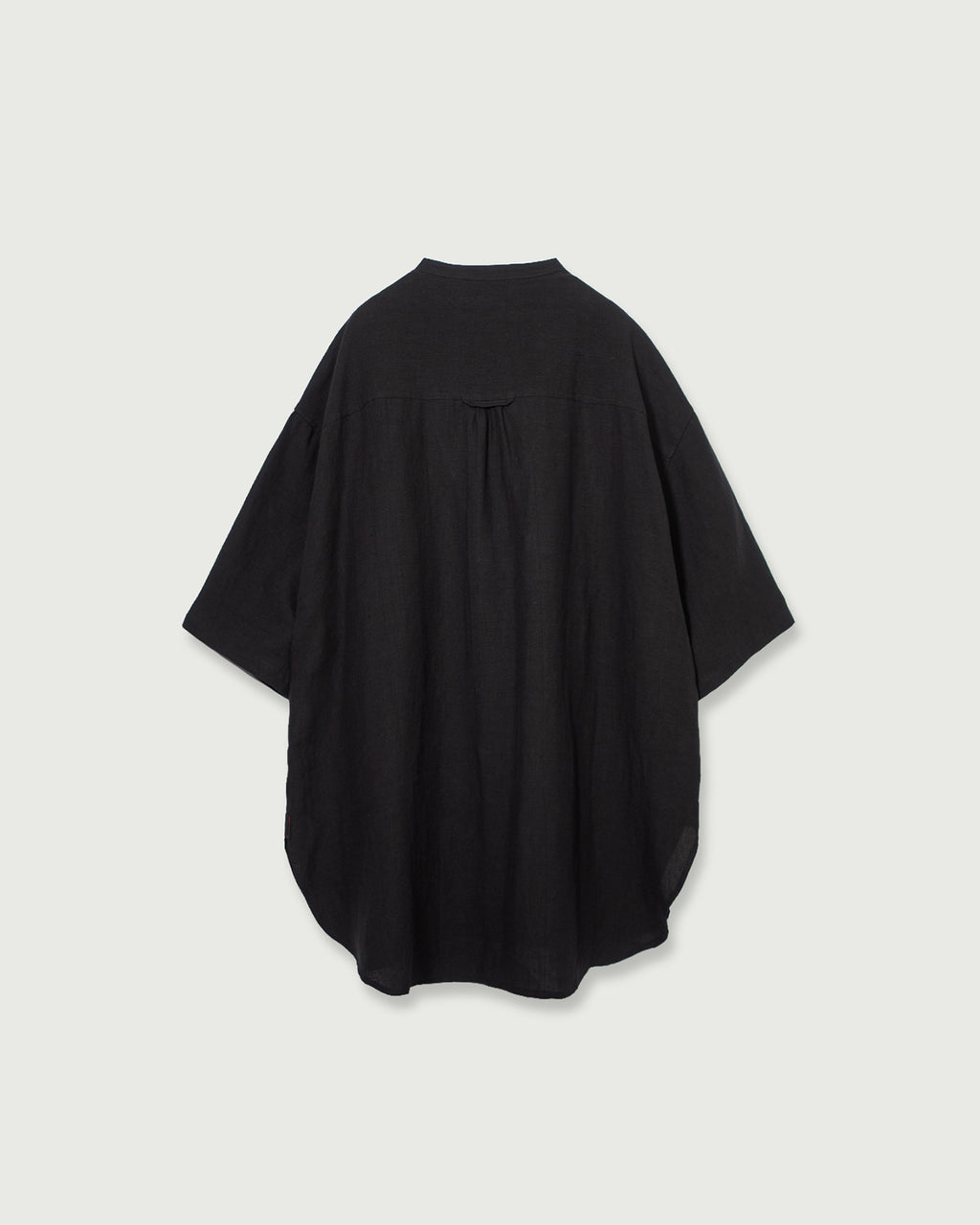 Wash Linen Band Collar Henley Neck Like Half Sleeve Atelier Shirt <#black>