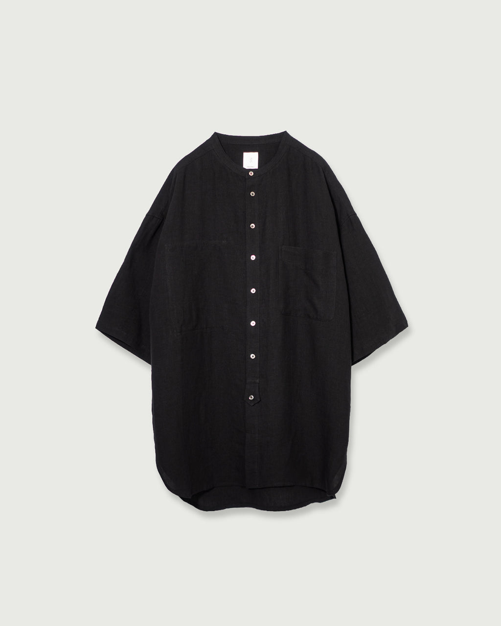 Wash Linen Band Collar Henley Neck Like Half Sleeve Atelier Shirt <#black>