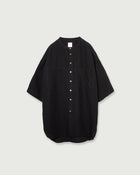 Wash Linen Band Collar Henley Neck Like Half Sleeve Atelier Shirt <#black>