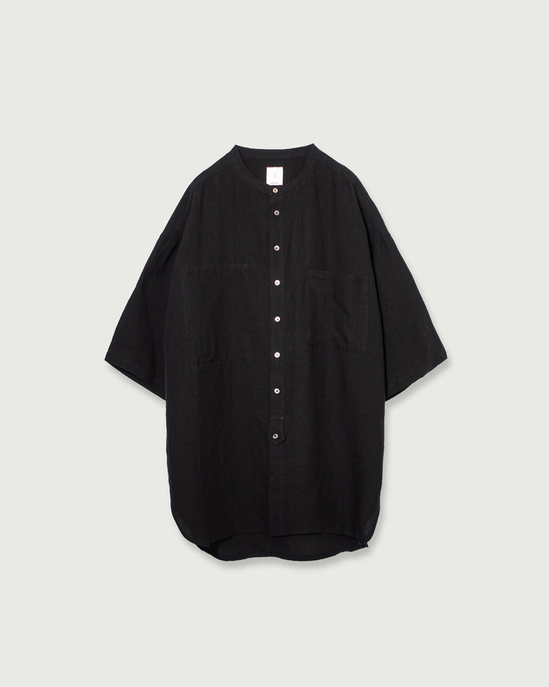 Wash Linen Band Collar Henley Neck Like Half Sleeve Atelier Shirt <#black>