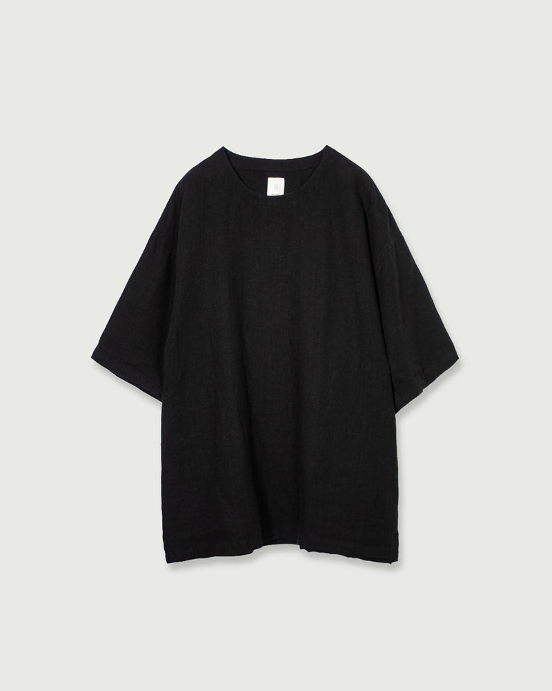 French Linen Crew Neck Half Sleeve Oversized Pullover <#black>
