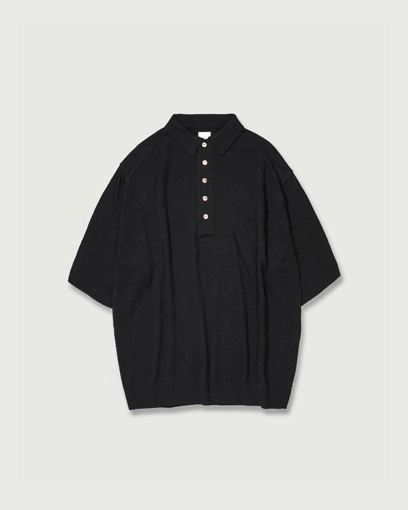 Linen Mid-Gauge Half Sleeve Knit Polo <#black>