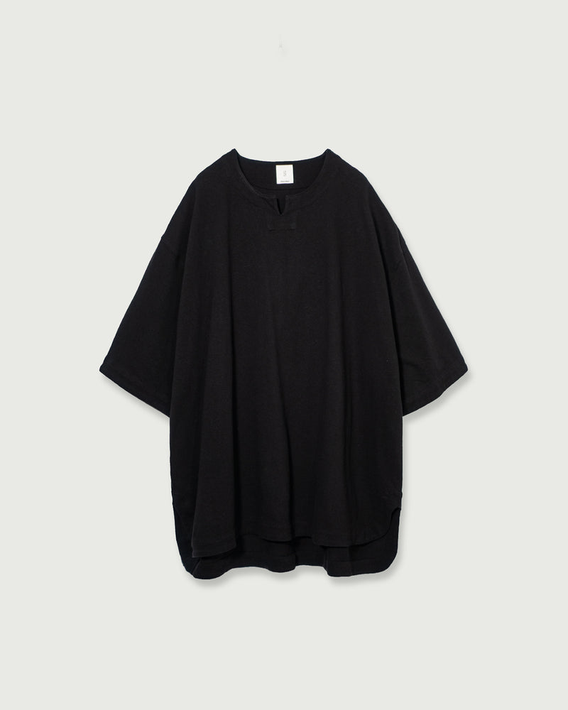 Cotton Linen Hem Round Skipper Half Sleeve Tee <#black>