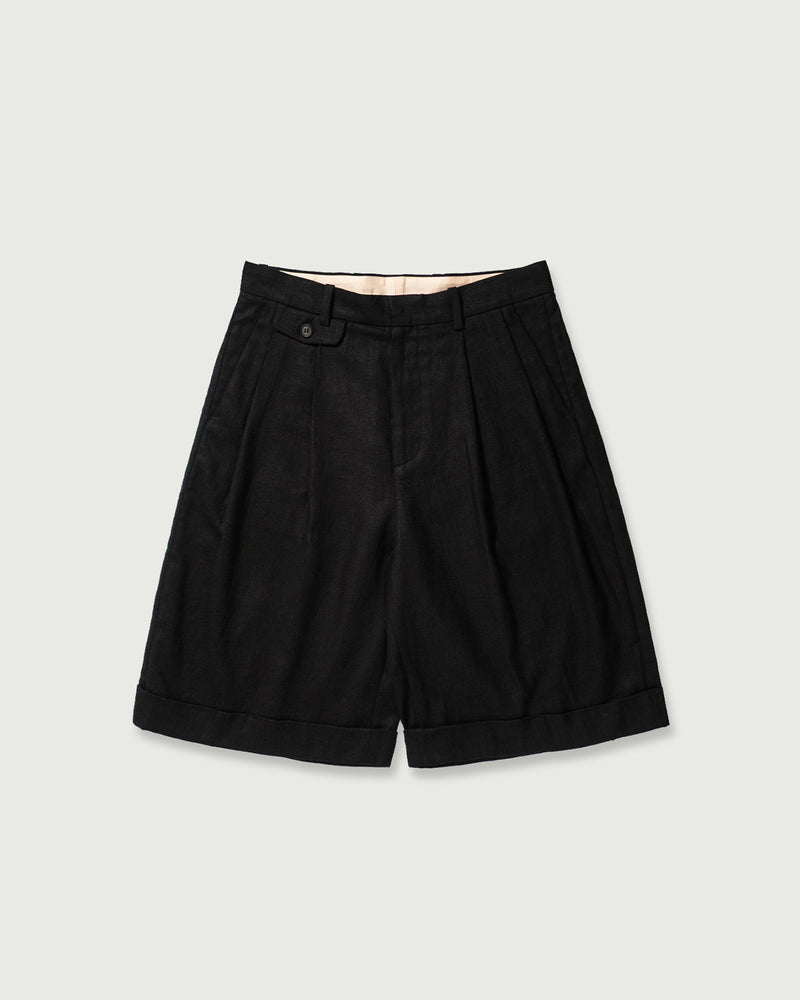 Linen Twill Coin Pocket 2Tuck Double-Hem Shorts <#black>