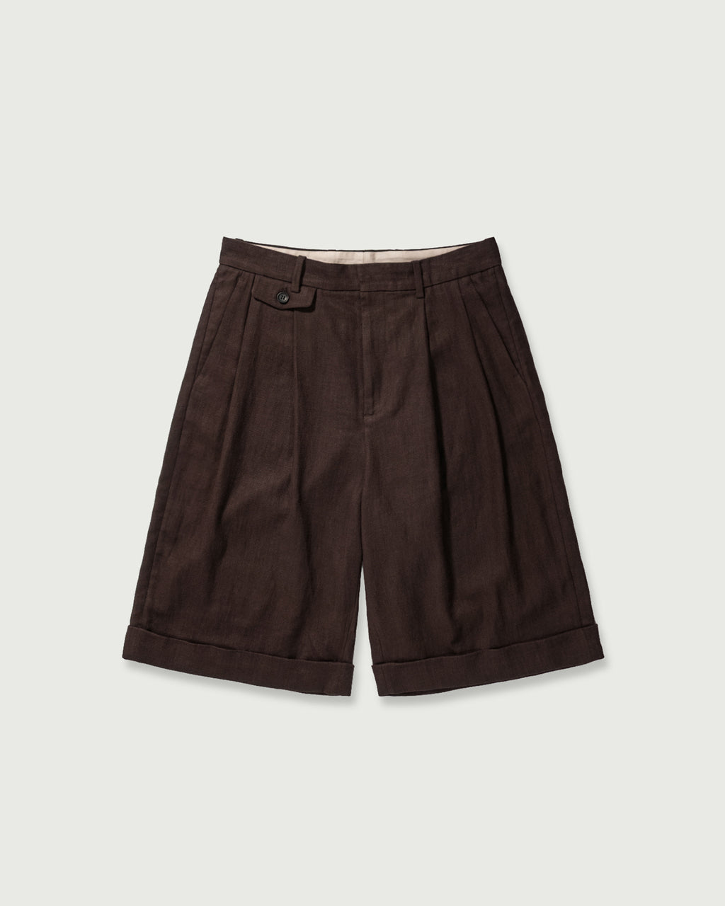 Linen Twill Coin Pocket 2Tuck Double-Hem Shorts <#browm>