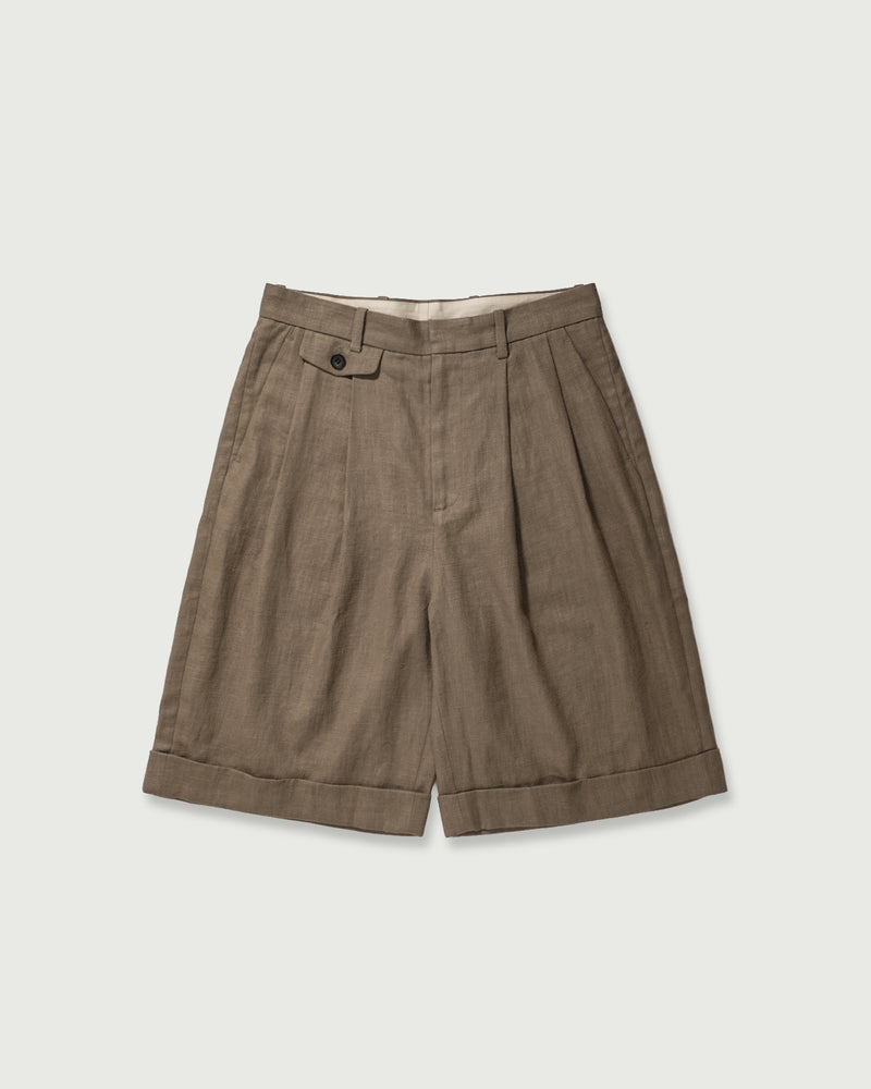 Linen Twill Coin Pocket 2Tuck Double-Hem Shorts <#beige>