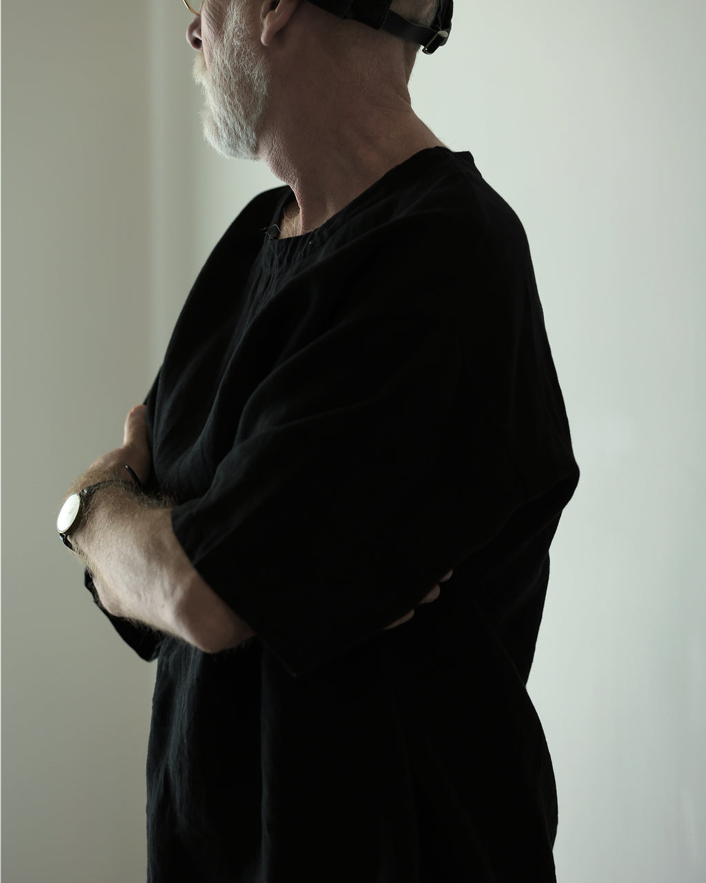 French Linen Crew Neck Half Sleeve Oversized Pullover <#black>