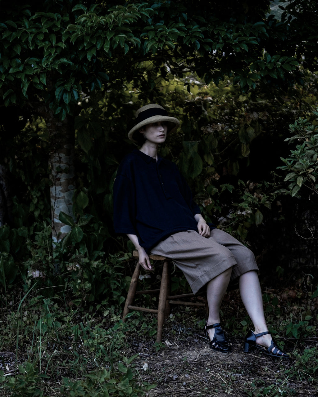 Linen Mid-Gauge Half Sleeve Knit Polo <#black>