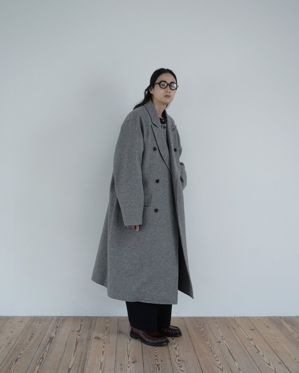 Wool Blend Double-Breasted Long Coat <#greige>