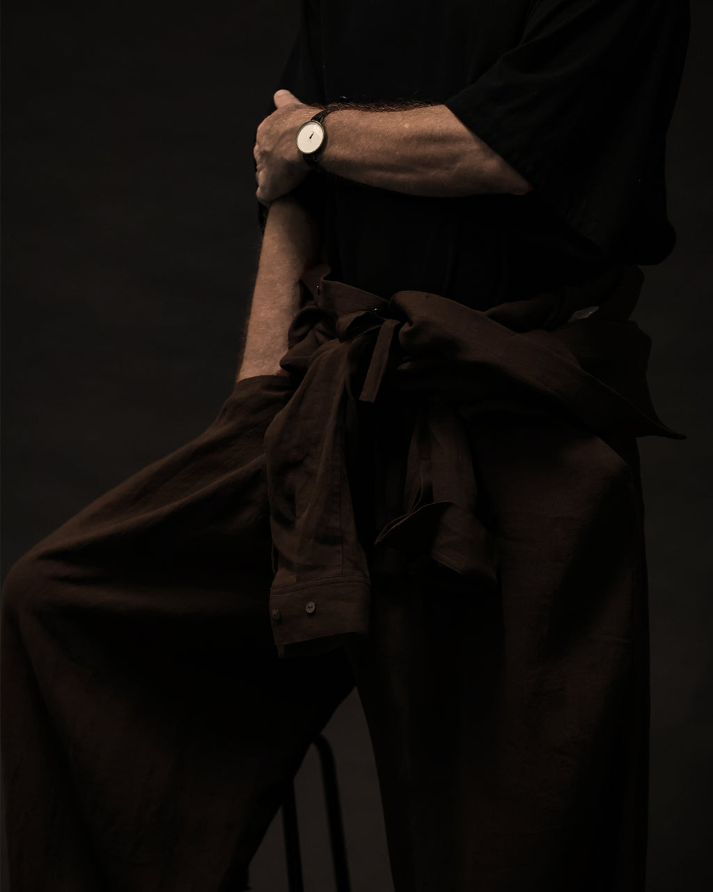 Wash Linen Band Collar Long-Sleeve Jumpsuit <#brown>