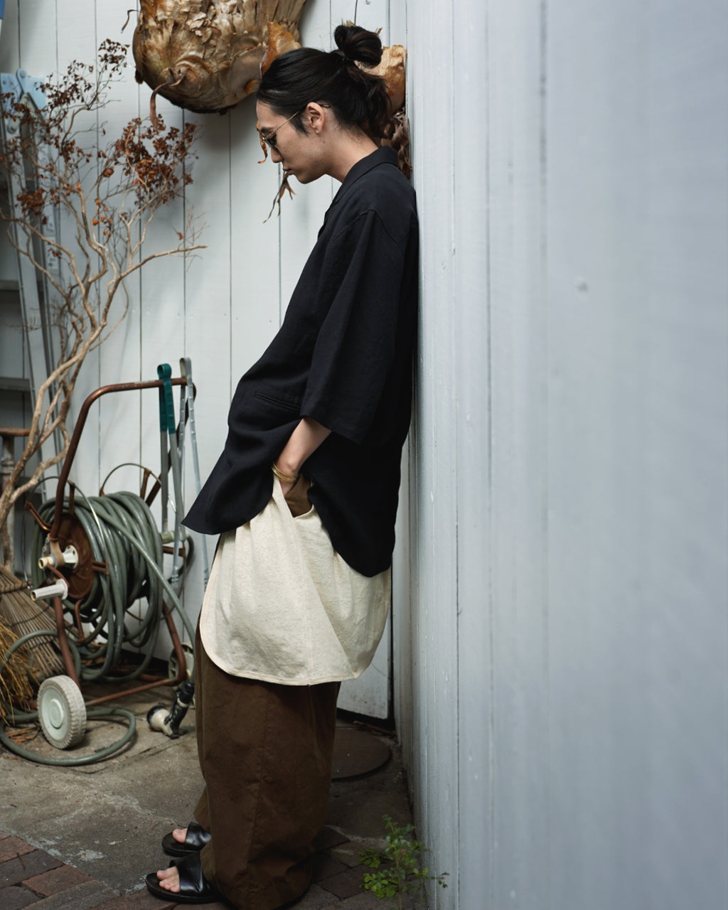Wash Linen Open Collar 3/4 Sleeve Sleeping Shirt <#black>