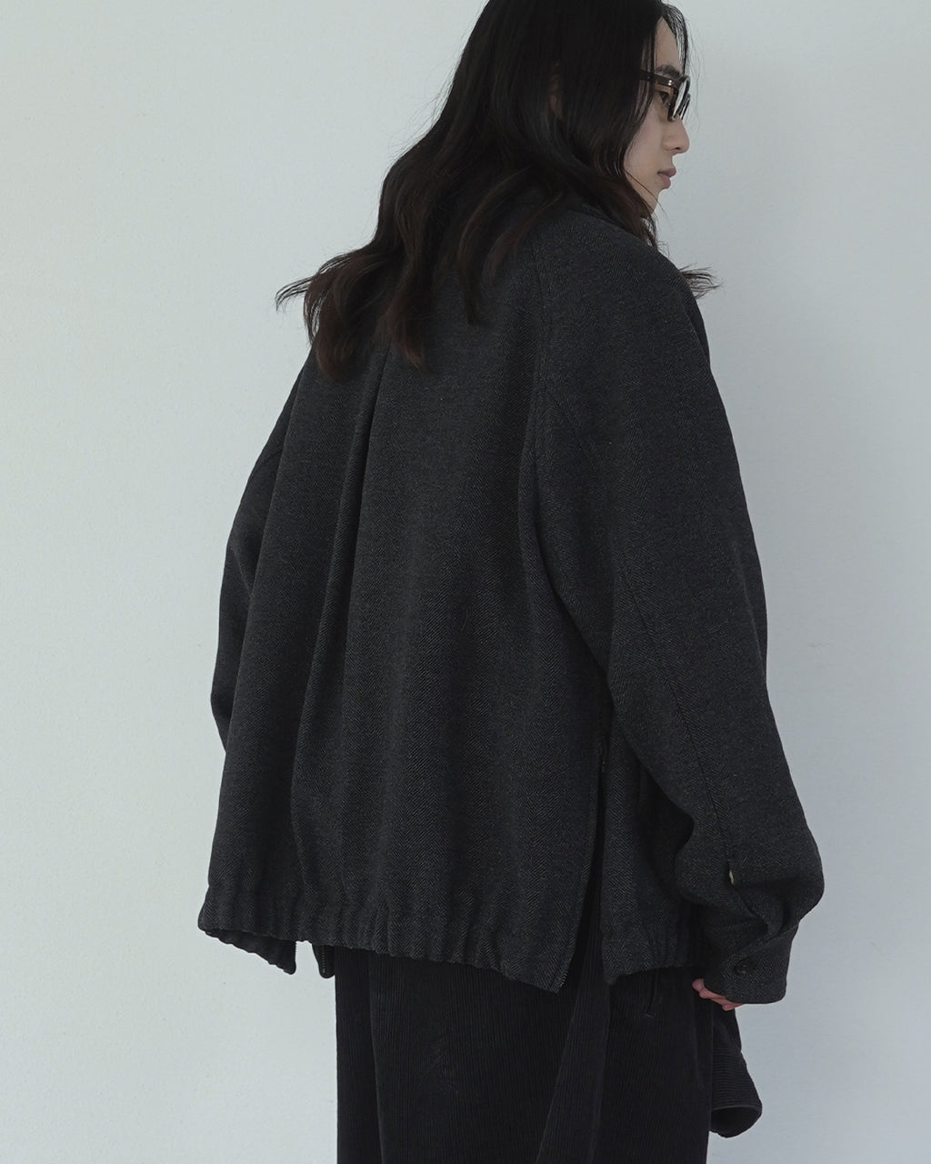 Wool Blend Herringbone Tweed Volume Zip Blouson <#black>