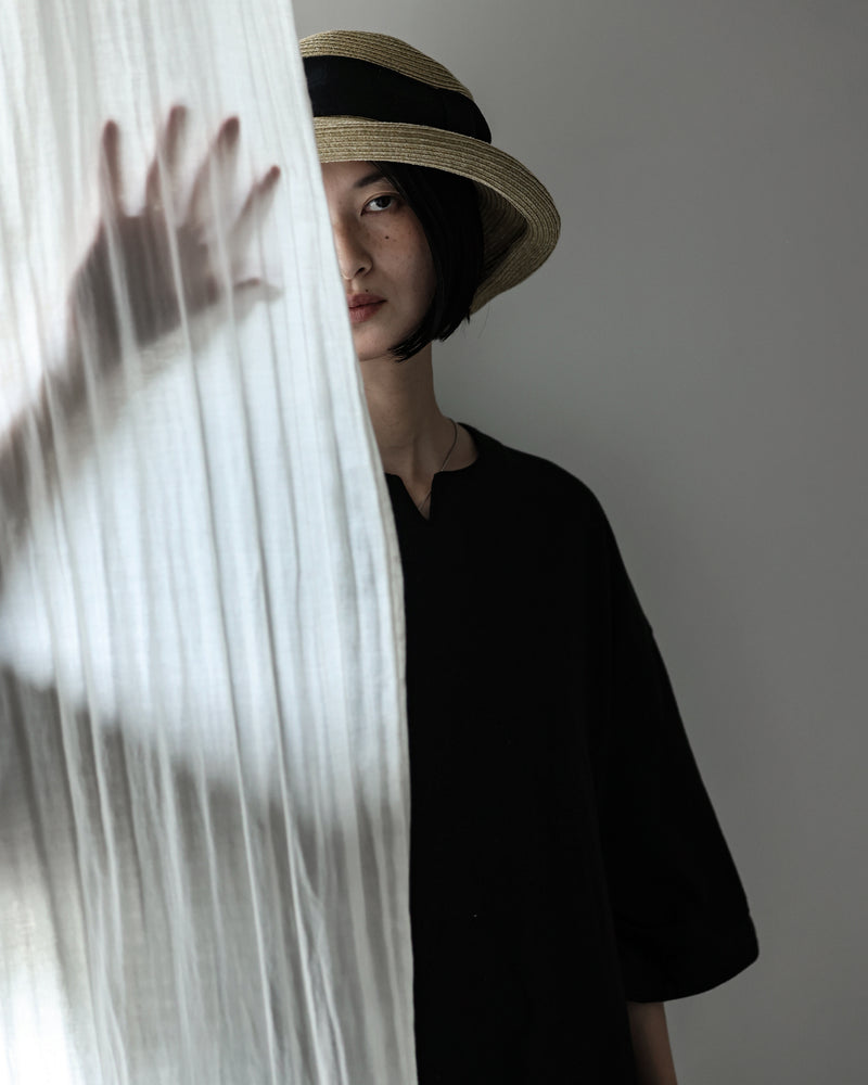 Cotton Linen Hem Round Skipper Half Sleeve Tee <#black>