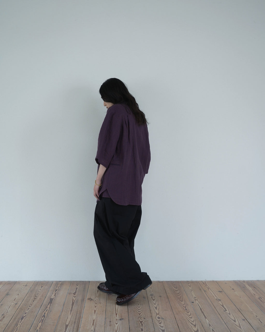 Wash Linen Open Collar 3/4 Sleeve Sleeping Shirt <#brown×navy>