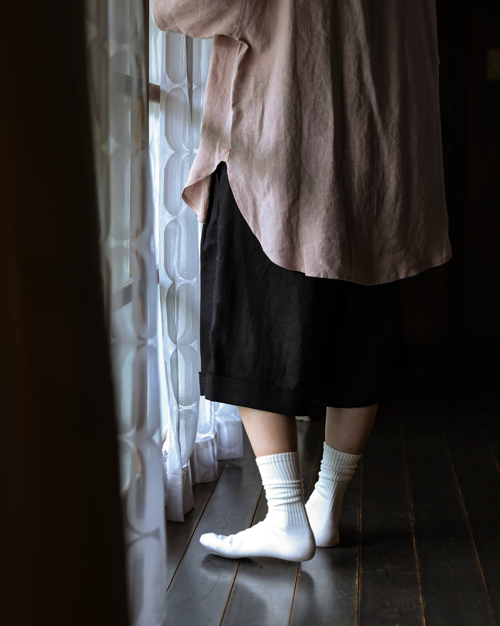 Wash Linen Band Collar Henley Neck Like Half Sleeve Atelier Shirt <#smoke pink>