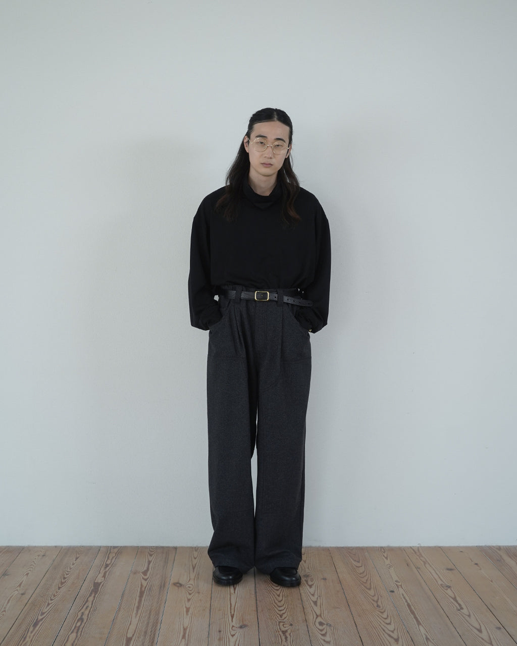 Super100s WOOL Plating Turtleneck L/S Logo TEE <#black>