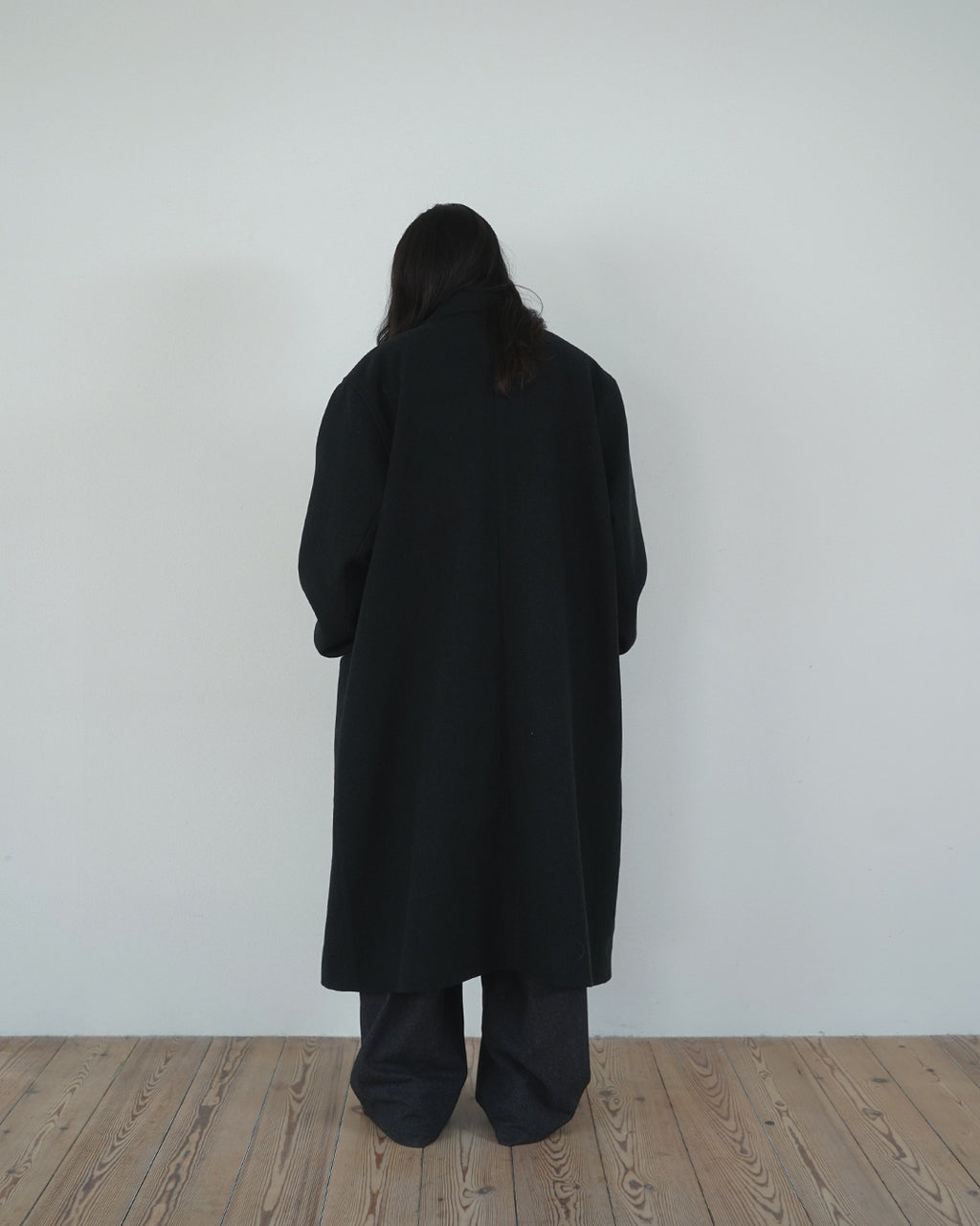 Wool Blend Double-Breasted Long Coat <#black>