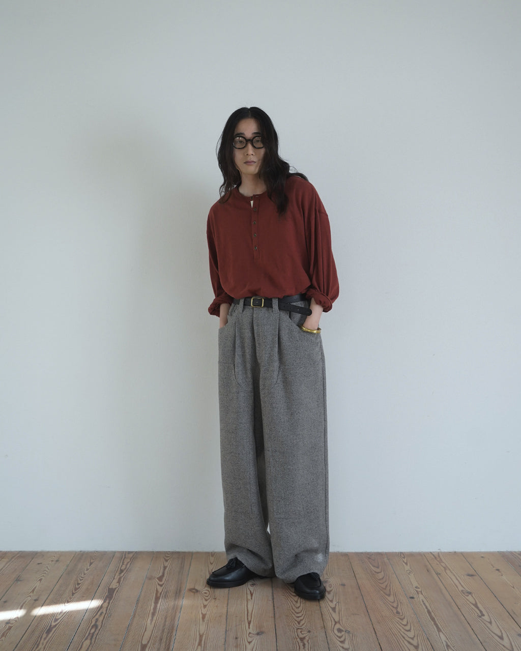 Linen Jersey Henley Neck Middle Length L/S Tee <#terracotta>