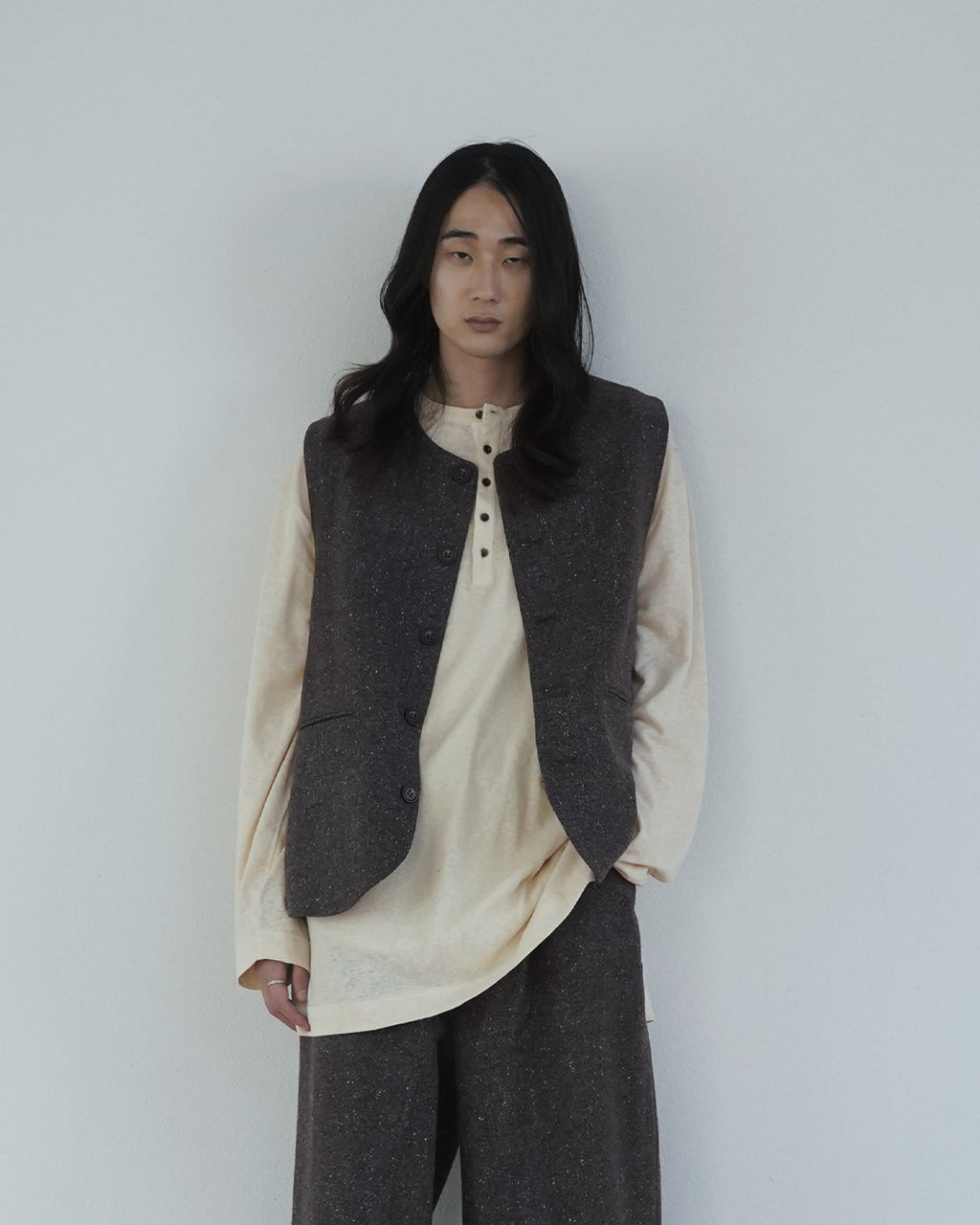 Wool Blend Tweed Back-Open Layered Crew Neck Vest <#brown>