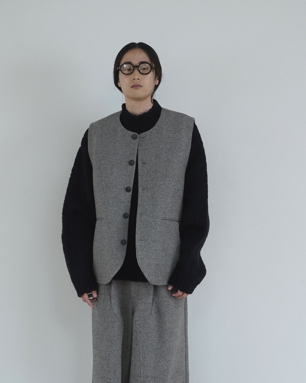 Wool Blend Tweed Back-Open Layered Crew Neck Vest <#greige>