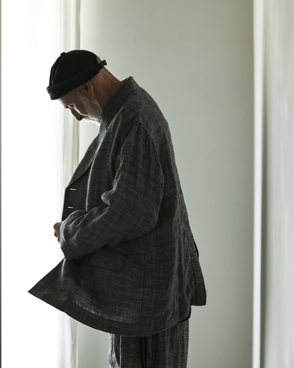 Glen Check Linen Back-Open Button Design Semi-Double Jacket <#glen check>