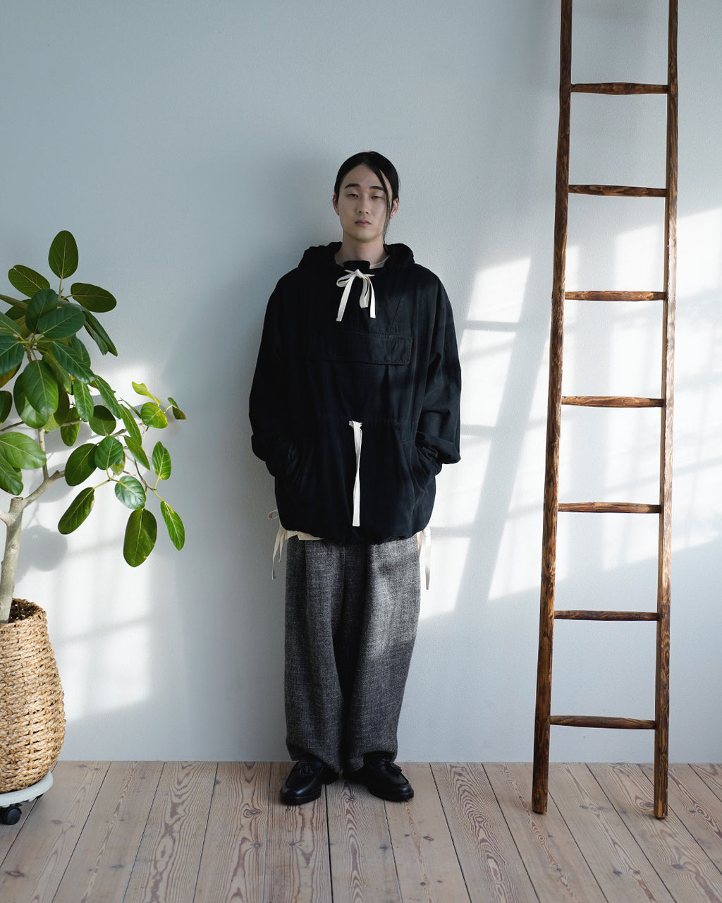 Brushed Cotton Flannel Biowash French Anorak Parka <#black>