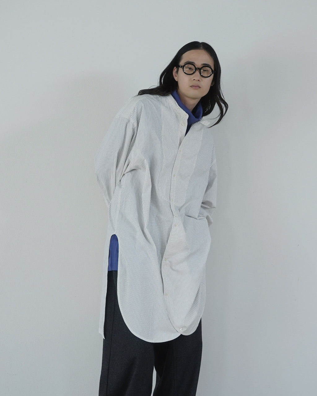 Cotton Typewriter Round Slit Long Officer Shirt <#ivory stripe>