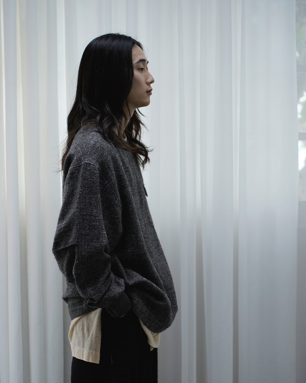 Shetland Wool Linen Crew Neck LS Tuck Rib Pullover <#charcoal>