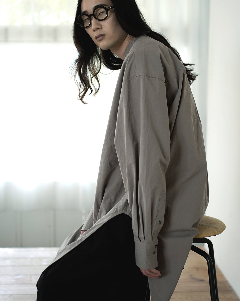 Cotton Typewriter Round Slit Long Officer Shirt <#greige>