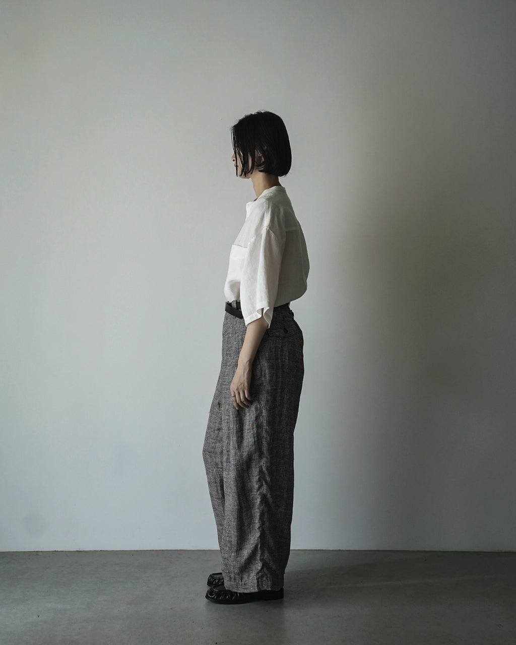 Glen Check Linen Back Belt 3Tuck Wide Straight Trousers <#glen check>