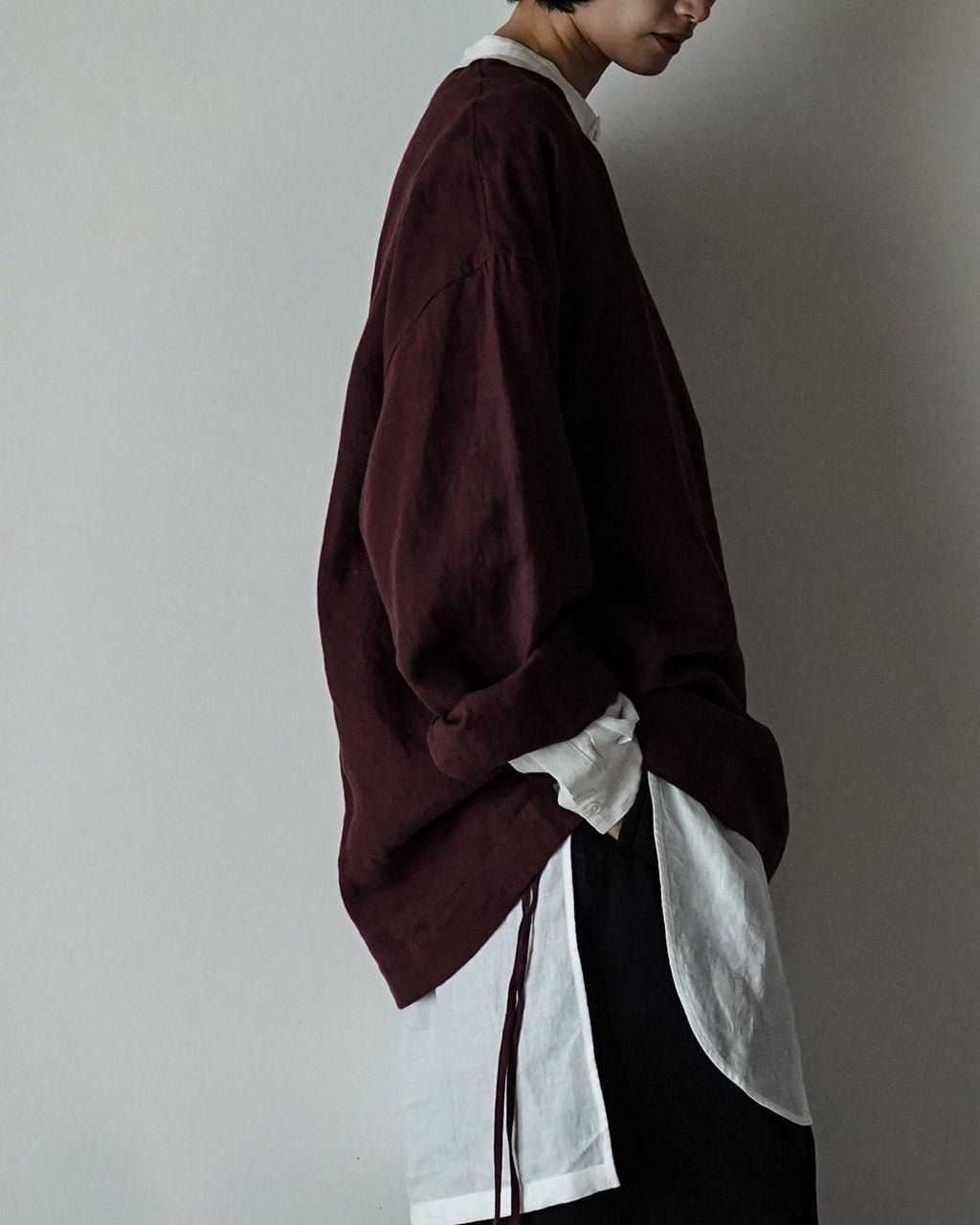 French Linen Side Shirring Long-Sleeve Pullover<#burgundy>