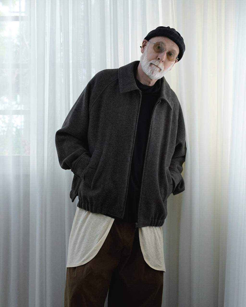 Wool Blend Herringbone Tweed Volume Zip Blouson <#brown>