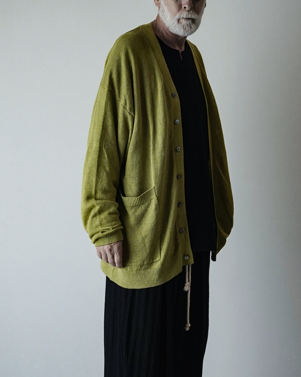 Linen Mid-Gauge V-Neck Knit Gown Cardigan <#yellow>