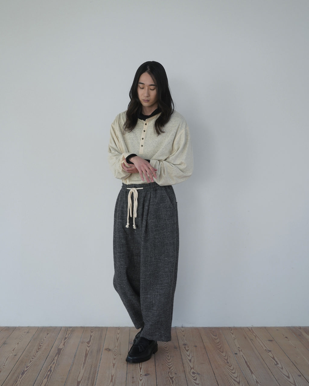 Shetland Wool Linen Rope Belt Easy Sarouel Pants <#charcoal>