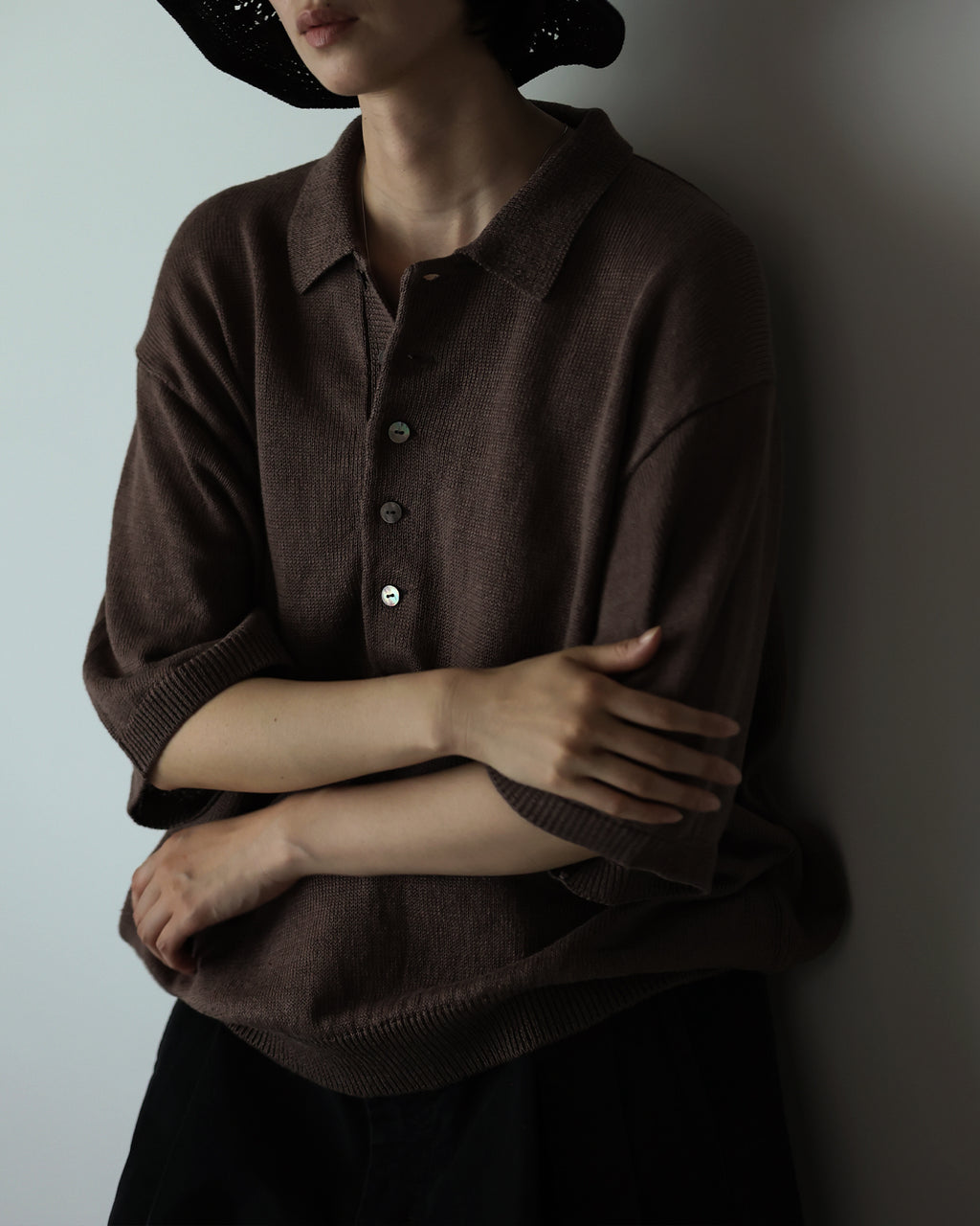 Linen Mid-Gauge Half Sleeve Knit Polo <#brown>
