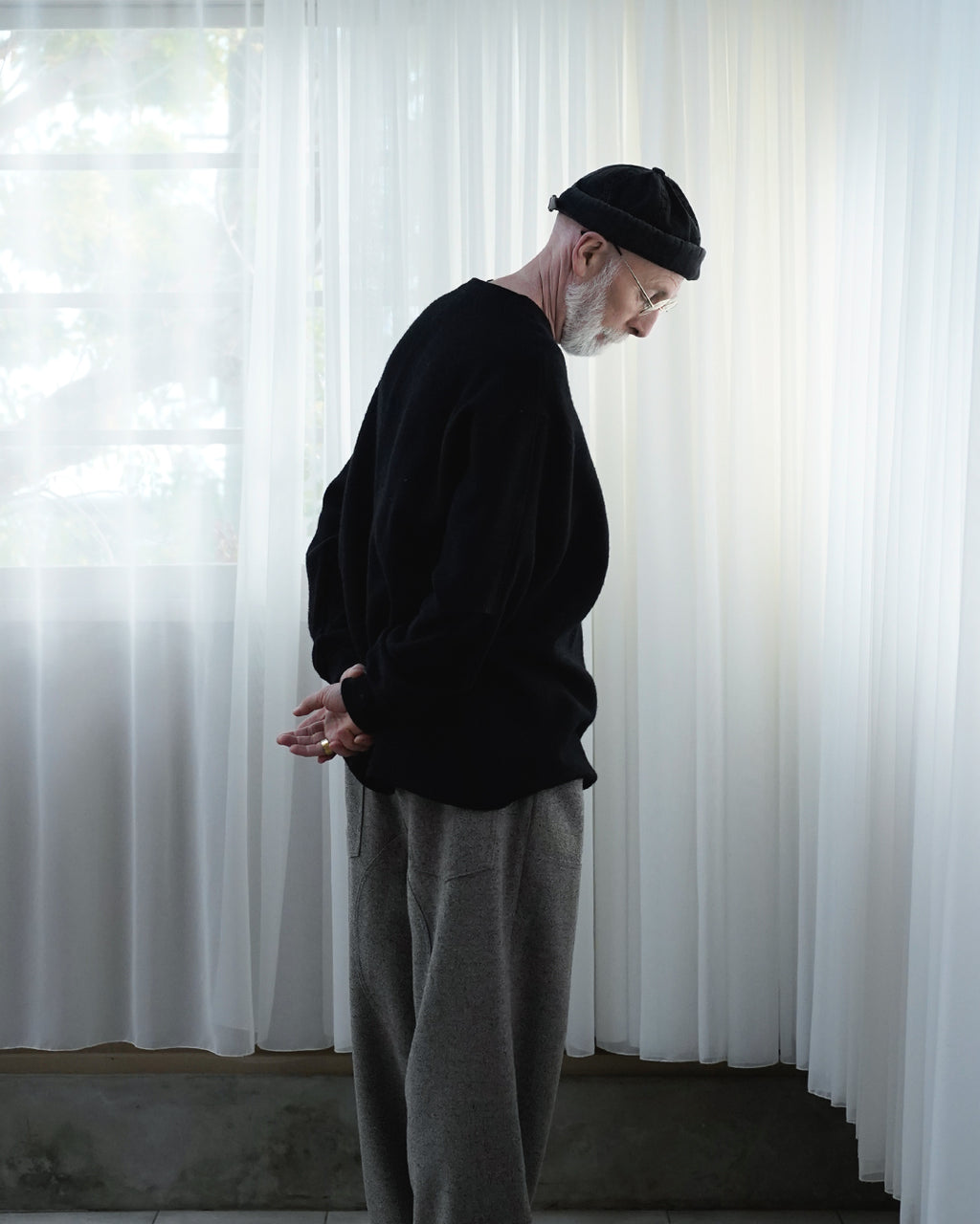 Shetland Wool Linen Crew Neck LS Tuck Rib Pullover <#black>