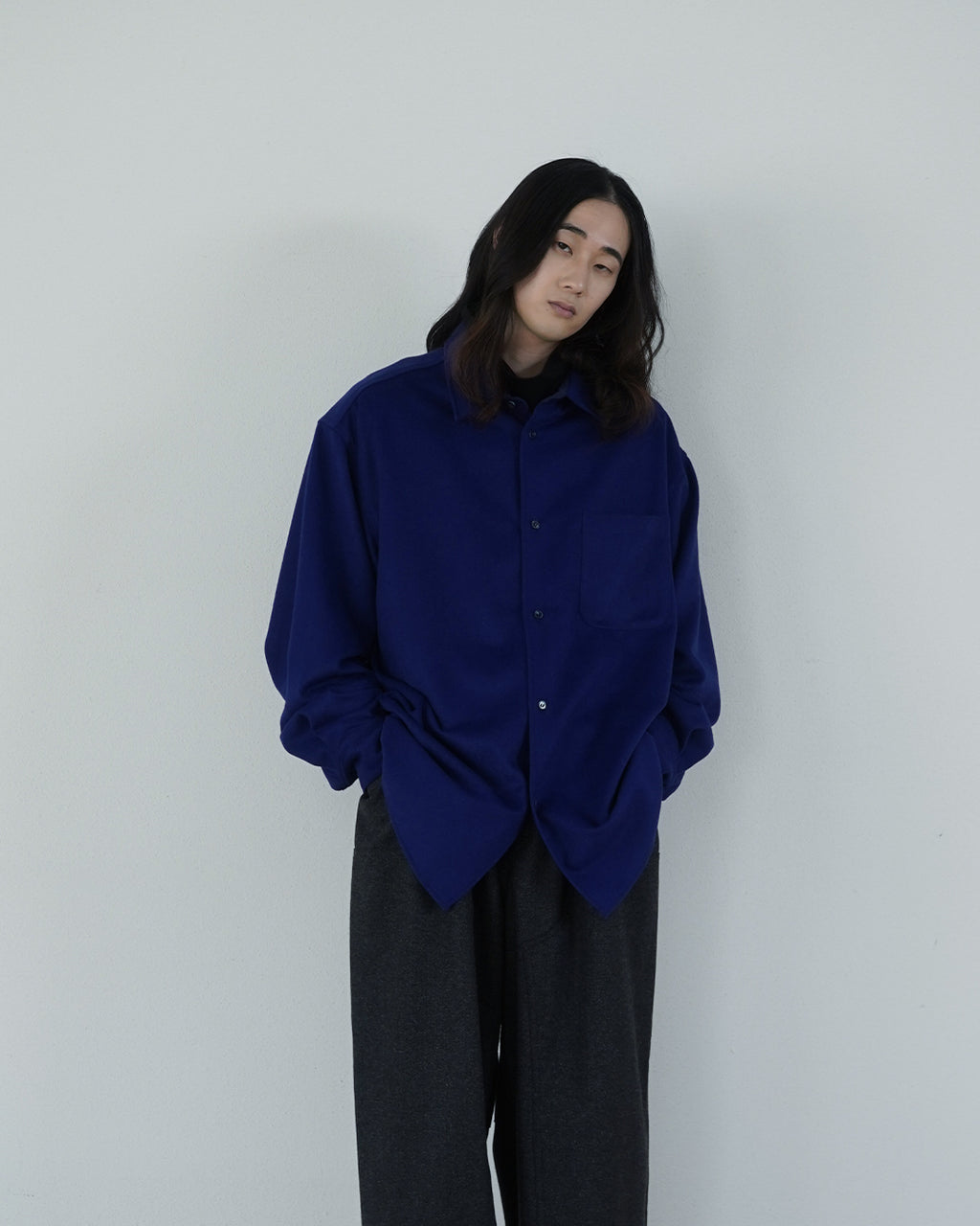 Wool Blend Heavy Flannel Wide Tuck Over Shirt <#royal blue>