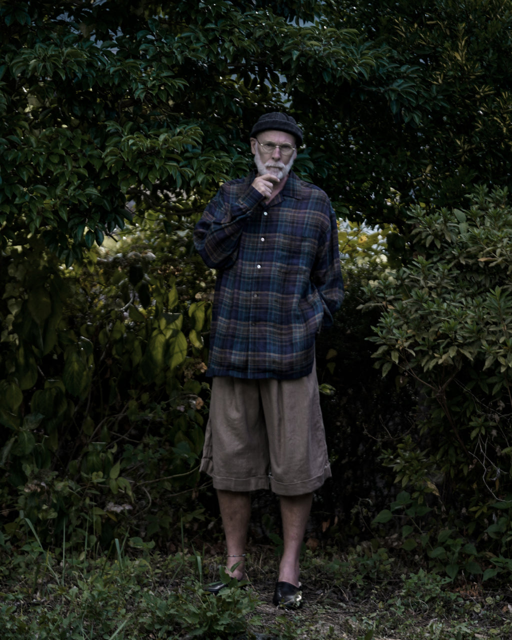 Linen Madras Check Open Collar Long-Sleeve Gathered Shirt<#navy check>