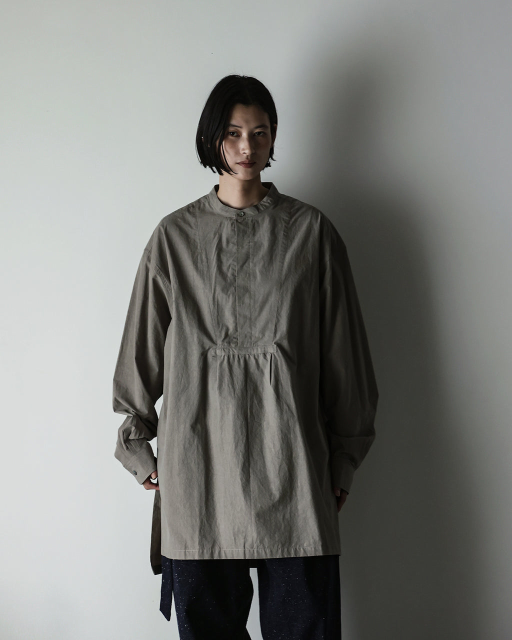 Organic Cotton Band Collar Side Slit Grandpa Shirt <#gray>