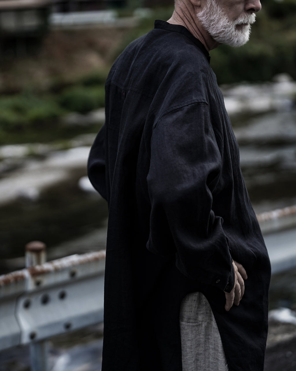 Linen Band Collar Round Slit Long Officer Shirt <#black>