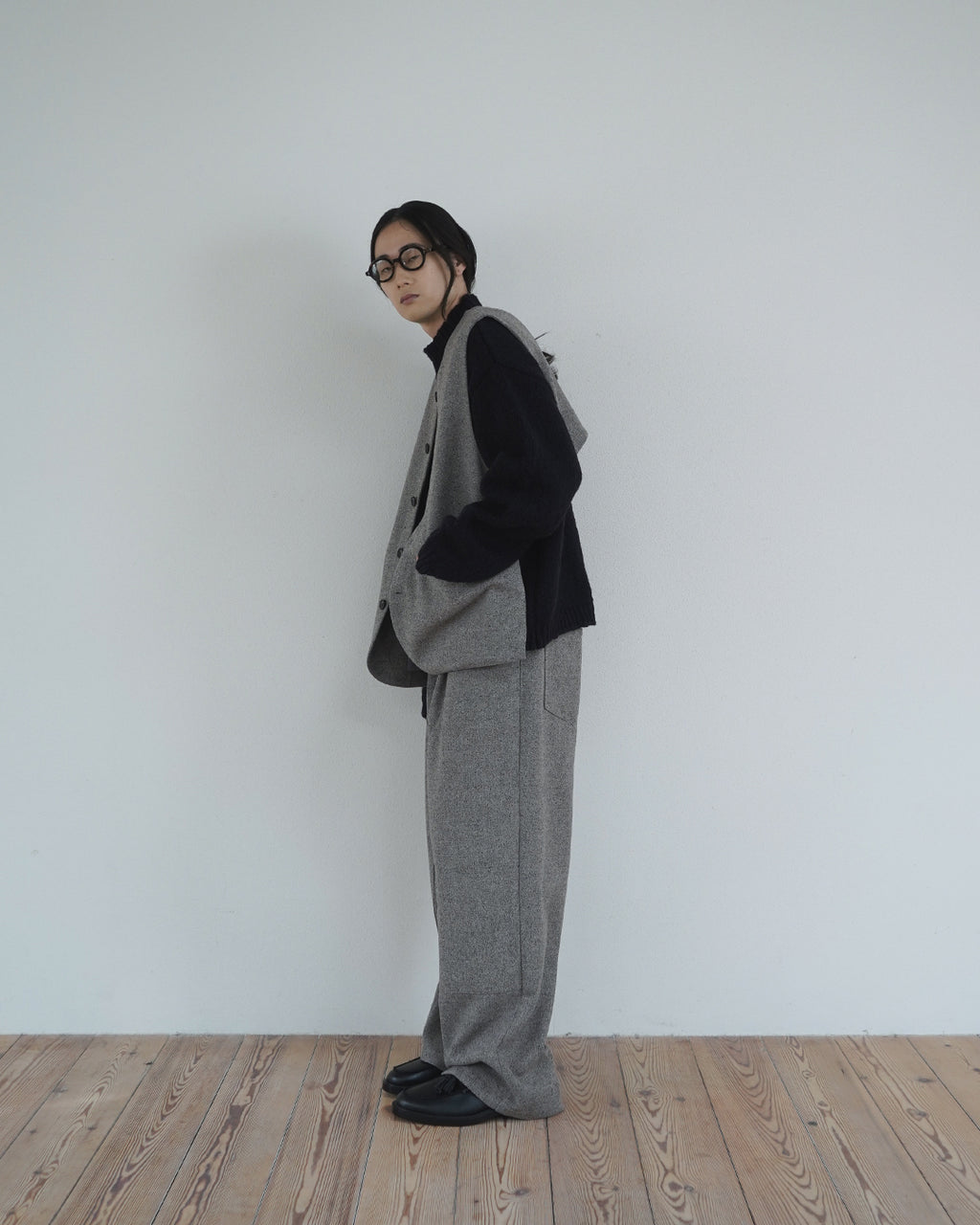 Wool Blend Tweed Back-Open Layered Crew Neck Vest <#greige>