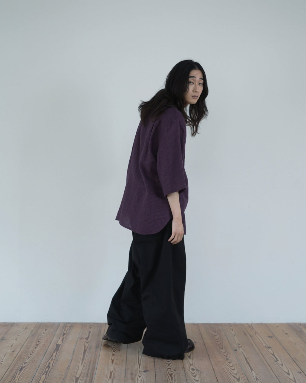 Oiled Wax Washed Moleskin Wide Baggy Pants <#black>