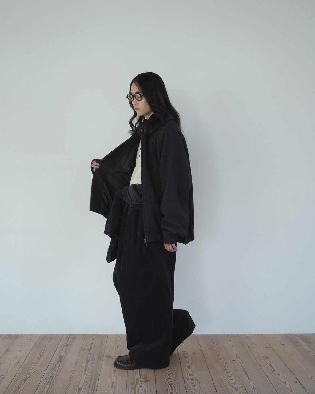 Wool Blend Herringbone Tweed Volume Zip Blouson <#black>
