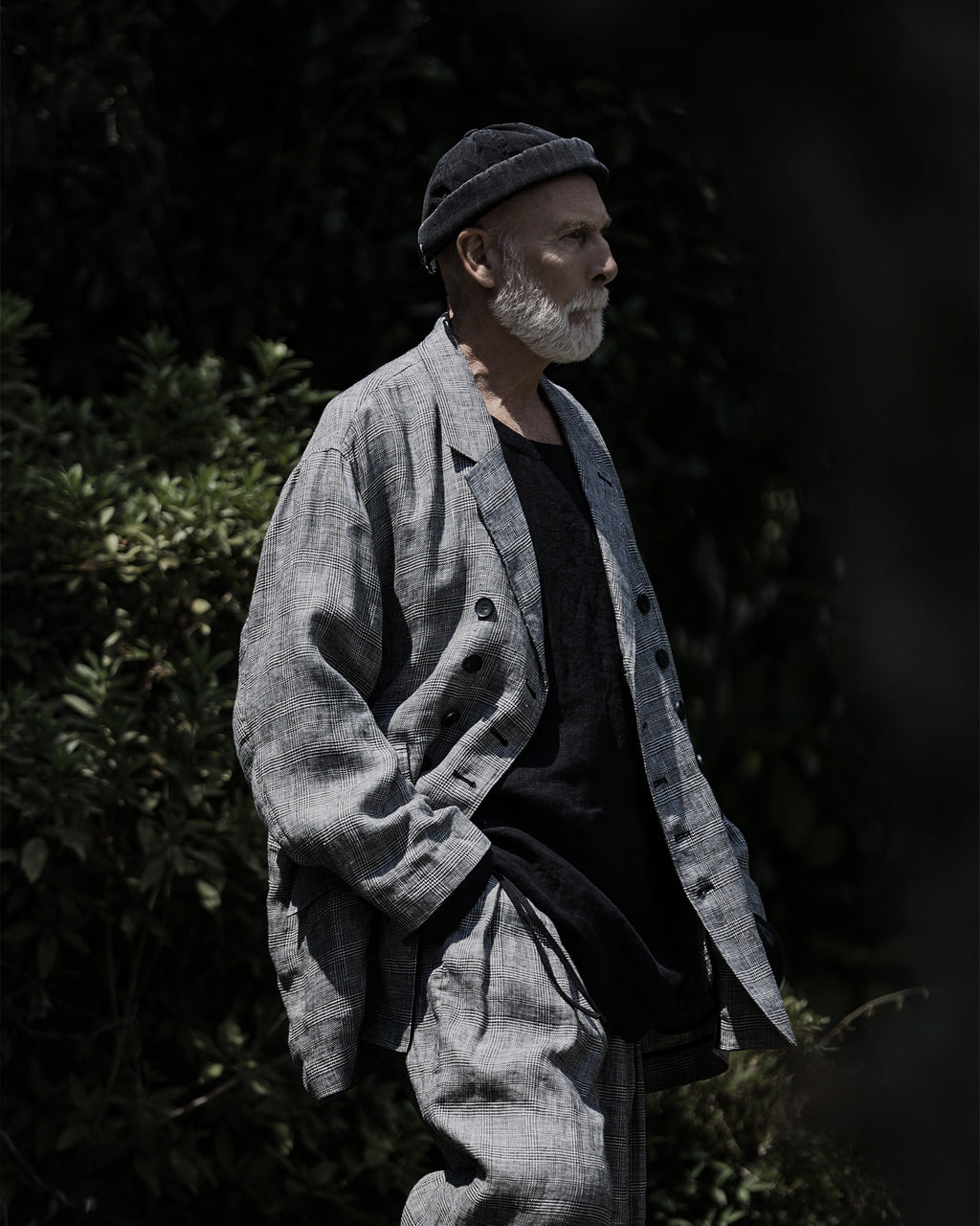 Glen Check Linen Back-Open Button Design Semi-Double Jacket <#glen check>