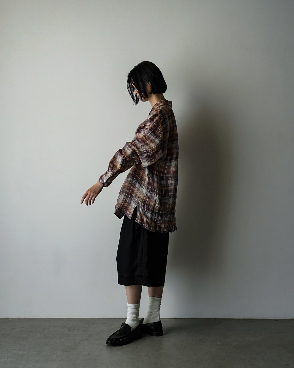 Linen Madras Check Open Collar Long-Sleeve Gathered Shirt<#red check>
